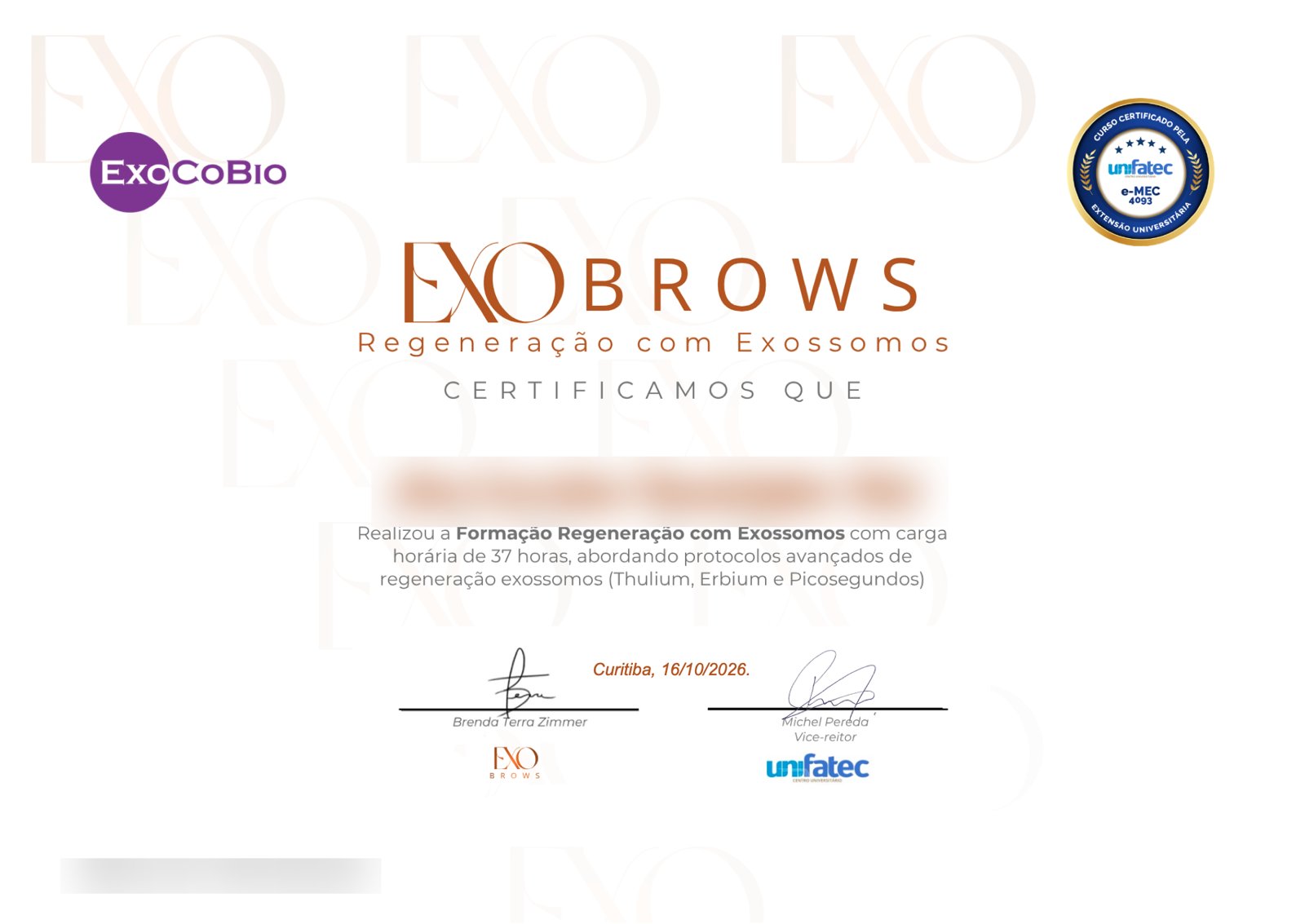 Sample university extension certificate with ExoCoBio and UniFatec seals, student data hidden